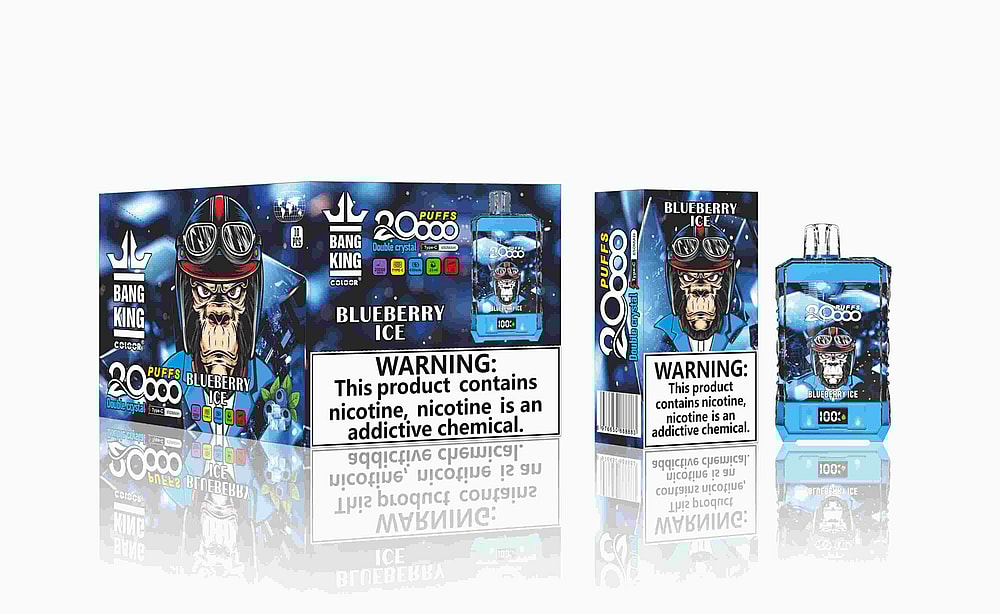 Embalaje del vaporizador desechable Bang King Blueberry Ice, que presenta un gorila con gafas y casco, con un texto que resalta "20 000 bocanadas" y una advertencia sobre la nicotina.