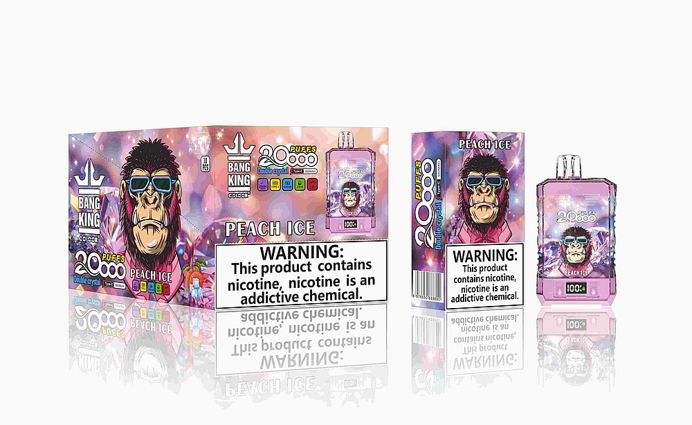 Diseño de empaque para el vaporizador desechable Bang King Peach Ice, que presenta un gorila estilizado con gafas de sol, el texto "20 000 bocanadas" y una etiqueta de advertencia sobre adicción a la nicotina.