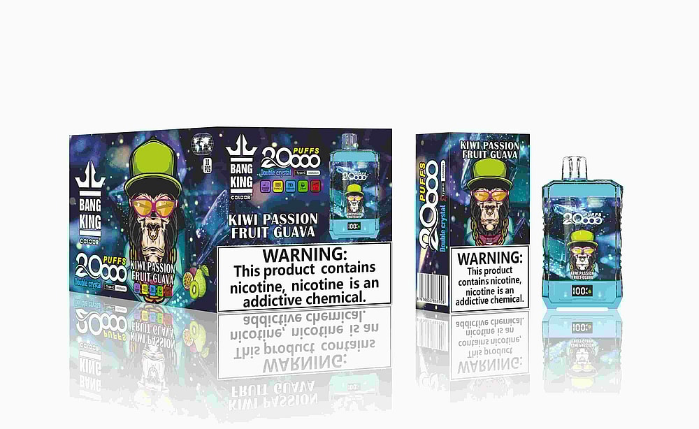 Imagen del empaque y del producto del vaporizador Bang King 20000 Puffs con sabor a kiwi, maracuyá y guayaba, que presenta un personaje de perro estilizado con gafas de sol y sombrero, y una etiqueta de advertencia de nicotina destacada.
