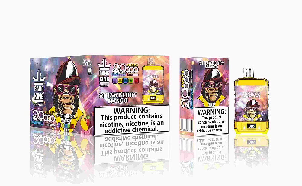 Imagen del empaque y del producto del vaporizador "Bang King Color Strawberry Mango", que presenta un gorila de dibujos animados con gafas de sol y una gorra, con una etiqueta de advertencia sobre la adicción a la nicotina.