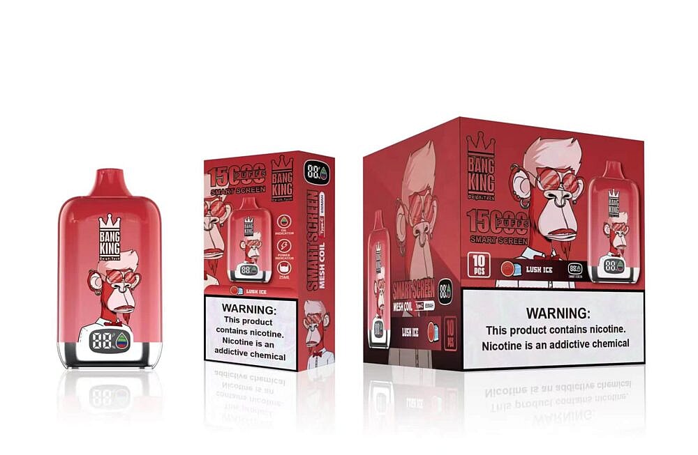 Die Verpackung des roten Bang King-Vape-Geräts zeigt einen Comic-Affen mit Sonnenbrille, die Aufschrift „15.000 Züge“ und den Geschmack „Lush Ice“ sowie eine Warnung vor Nikotinsucht.