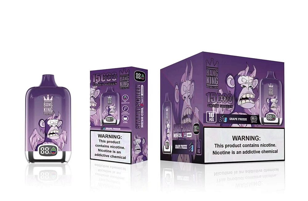Lilafarbenes Einweg-Vape-Gerät und Verpackung mit einem Zeichentrickaffen, der Aufschrift „Bang King“ und dem Geschmack „Grape Freeze“, das 15.000 Züge und eine Nikotinstärke von 88% bietet.
