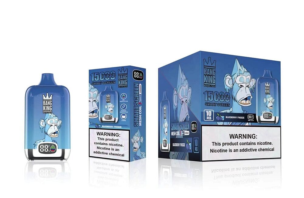 Blue Bang King Vape-Gerät mit 15.000 Zügen, einer Cartoon-Affengrafik auf der Verpackung, der Geschmacksbezeichnung „Blueberry Freeze“ und einer deutlichen Nikotinwarnung.