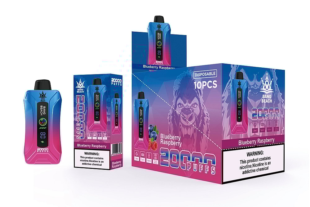 Dispositivo per svapare monouso blu e rosa con 20.000 boccate, etichettato "Bang Beach", esposto accanto a una confezione con il sapore "Blueberry Raspberry" e un'immagine di un gorilla.