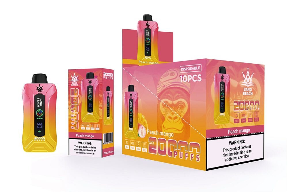 Einweg-Vape-Gerät mit Pfirsich-Mango-Geschmack für 20.000 Züge, mit Digitalanzeige und rosa-gelbem Farbverlauf, abgebildet in einer Packung mit 10 Stück.