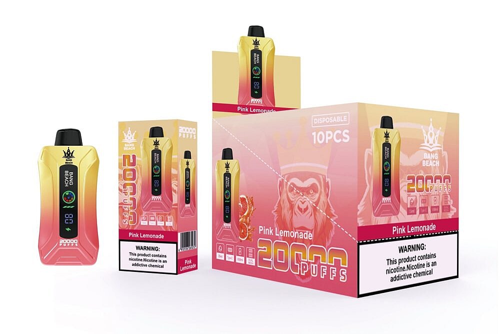 Bang Beach Einweg-Vape mit Pink Lemonade-Geschmack und einer Kapazität von 20.000 Zügen, einzeln und in einer Schachtel mit 10 Stück erhältlich. Der Warnhinweis weist auf Nikotin als Suchtmittel hin.