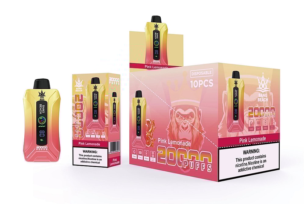 Bang Beach vape monouso al gusto Pink Lemonade con capacità di 20.000 tiri, mostrato in confezione singola e in scatola da 10 pezzi. L'etichetta di avvertenza menziona la nicotina come sostanza chimica che crea dipendenza.