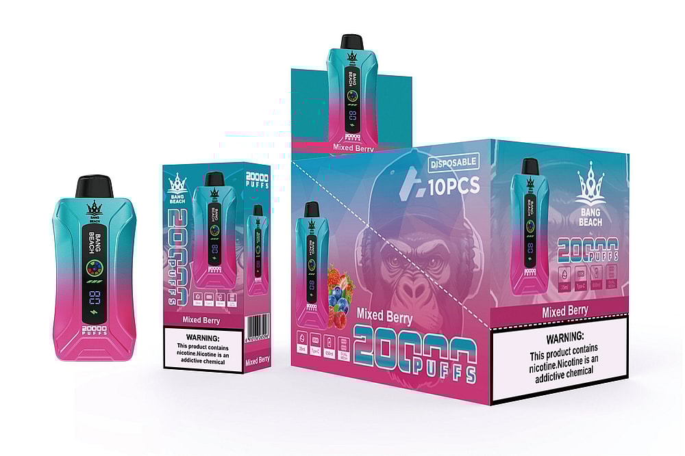 Un colorato prodotto monouso per svapare etichettato "Bang Beach" con 20.000 boccate, aroma "Mixed Berry" e un'avvertenza sulla dipendenza da nicotina, mostrato accanto alla confezione e alla scatola.