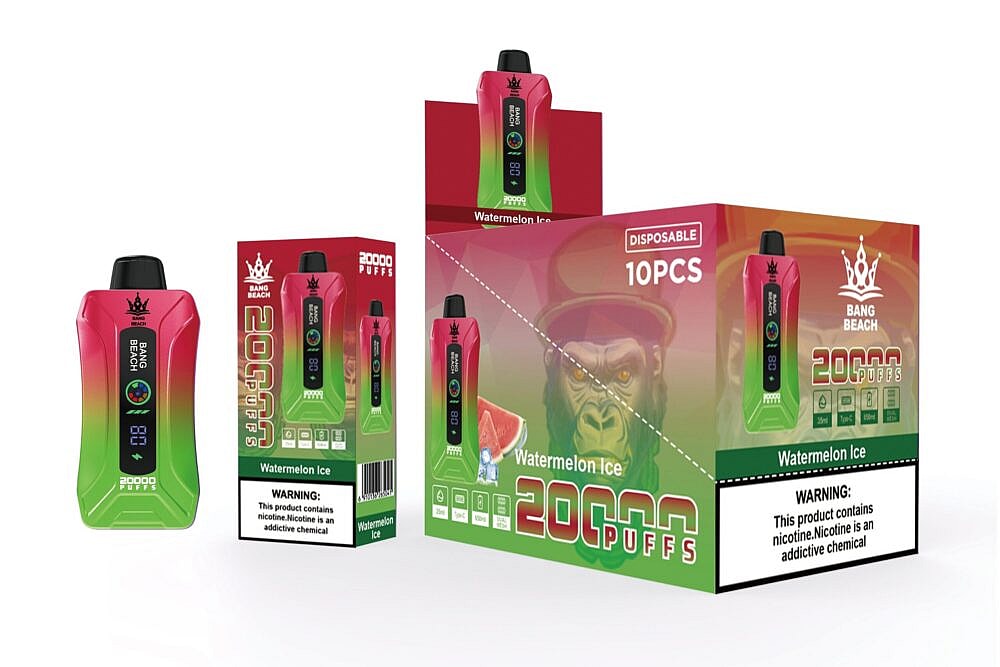 Verpackung für Einweg-Vape-Geräte mit der Geschmacksrichtung „Bang Beach“ Watermelon Ice. Mit 20.000 Zügen, digitaler Anzeige und Warnhinweis, dass Nikotin süchtig macht. Die Verpackung enthält außerdem 10 Einweggeräte.