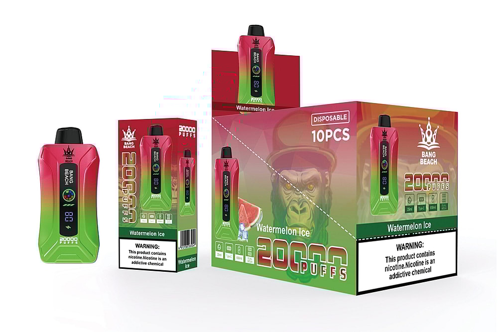 Confezione monouso per dispositivo di svapo per il gusto "Bang Beach" Watermelon Ice, con 20.000 boccate, un display digitale e un avviso sulla nicotina come sostanza chimica che crea dipendenza. La confezione mostra anche 10 unità monouso.