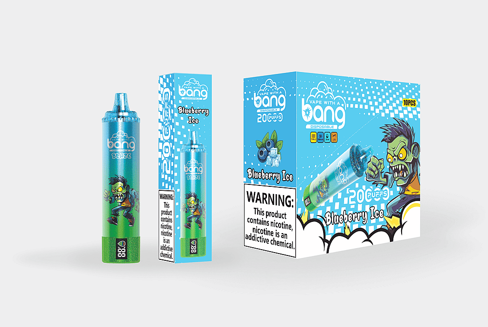 Embalaje para el vaporizador desechable Bang Blaze Blueberry Ice, que presenta un gráfico de zombie, el nombre del producto, detalles del sabor y una etiqueta de advertencia de nicotina.