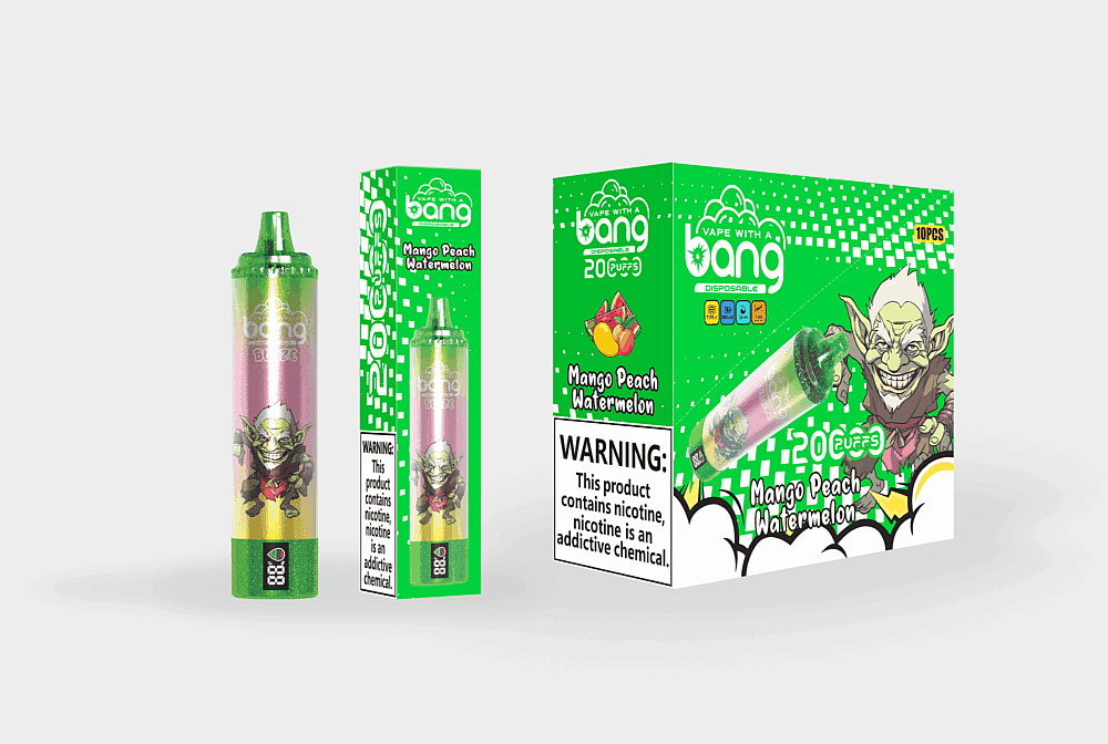 Verpackungsdesign für eine Einweg-E-Zigarette mit dem Geschmack „Mango-Pfirsich-Wassermelone“ mit einem grün-rosa Gerät, einem Cartoon-Kobold-Motiv und einem auffälligen Warnhinweis zu Nikotin.