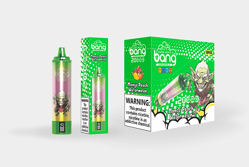 Diseño de empaque para un vaporizador desechable con sabor "Mango, melocotón y sandía", con un dispositivo verde y rosa, ilustraciones de duendes de dibujos animados y una destacada etiqueta de advertencia de nicotina.