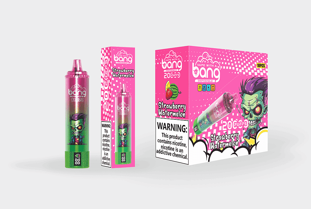 Verpackungs- und Produktbild einer Einweg-E-Zigarette mit der Aufschrift „Vape with a Bang“ mit „Erdbeer-Wassermelonen“-Geschmack, leuchtend pinkem Design, einer Zombie-Zeichentrickfigur und einer Nikotinwarnung.