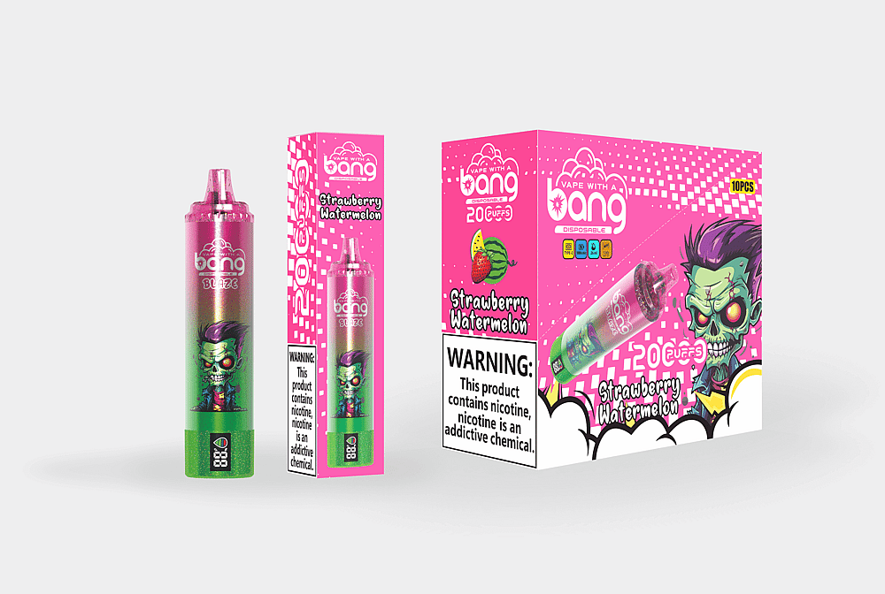 Imagen del empaque y del producto de un vaporizador desechable etiquetado como "Vape with a Bang", con sabor a "fresa y sandía", un diseño rosa vibrante, un personaje de dibujos animados de zombies y una advertencia sobre la nicotina.