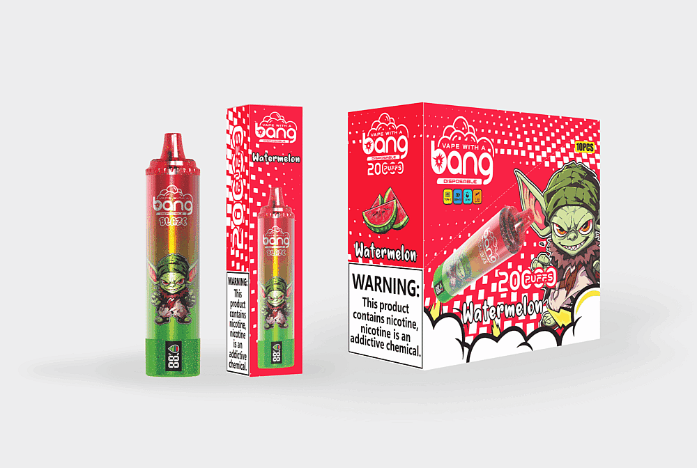 Verpackungsdesign für den Einweg-Vaporizer „Bang“ mit Wassermelonengeschmack, mit einem rot-grünen Vape-Gerät, passender roter Verpackung und einer Zeichentrickfigur mit Kobold neben Wassermelonengrafiken.