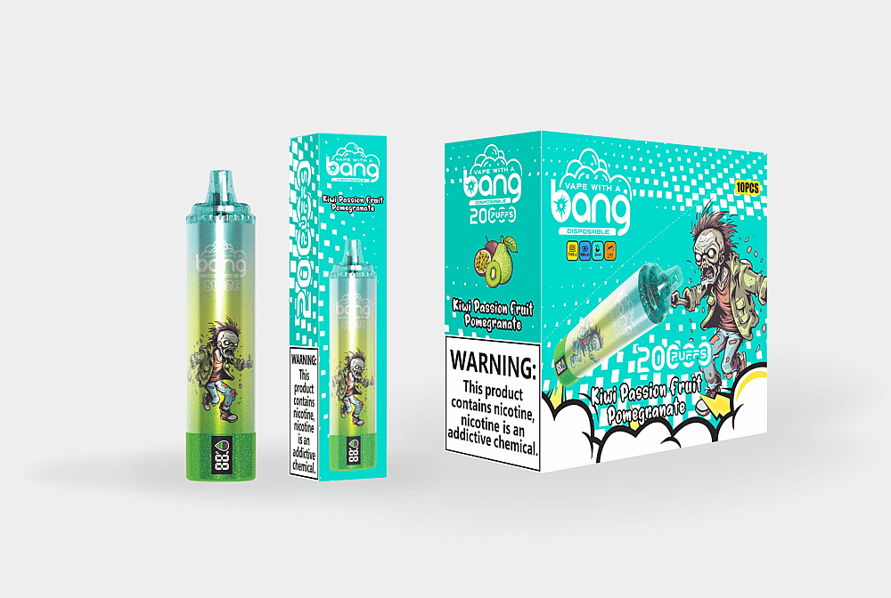 Diseño de empaque para el vaporizador desechable "Vape with a Bang", que presenta un gráfico de zombie, etiquetado "Kiwi Passion Fruit Pomegranate", con advertencias sobre la adicción a la nicotina.