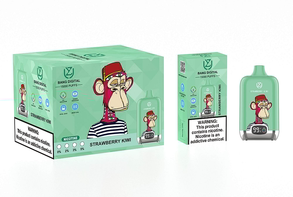 Una scatola per svapare al gusto di fragola e kiwi raffigurante una scimmia dei cartoni animati che indossa una maglietta a righe e un cappello, con un'etichetta di avvertenza sulla nicotina e indicatori per 15.000 boccate e livelli di nicotina.