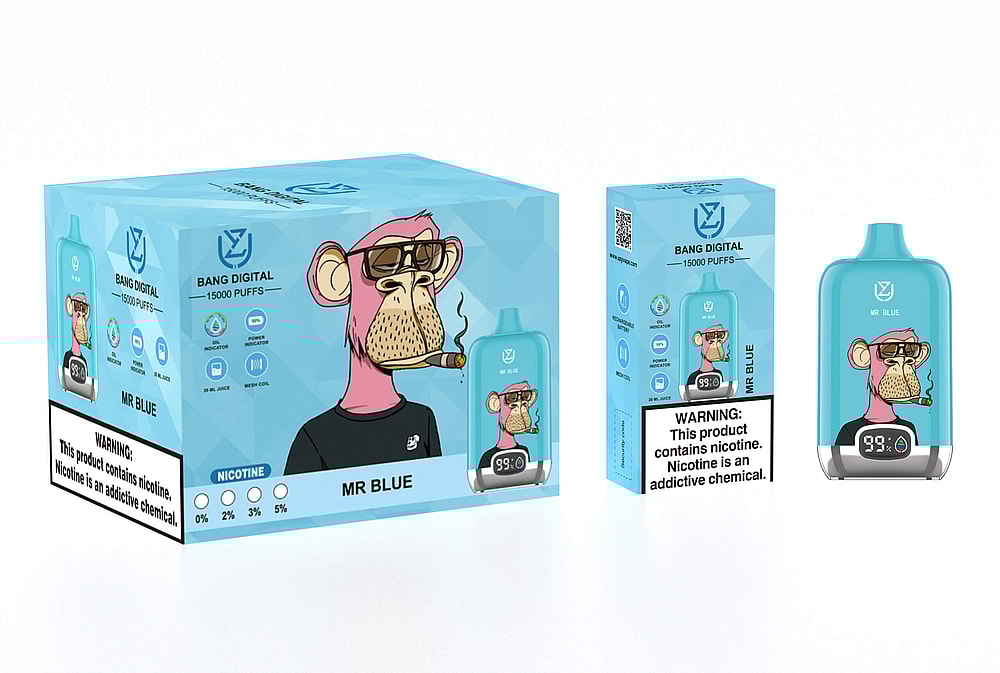Confezione della sigaretta elettronica "Bang Digital" raffigurante una scimmia dei cartoni animati con occhiali da sole che fuma un sigaro, etichettata "Mr. Blue", che offre 15.000 boccate, opzioni di intensità di nicotina e avvertenza sulla dipendenza da nicotina.