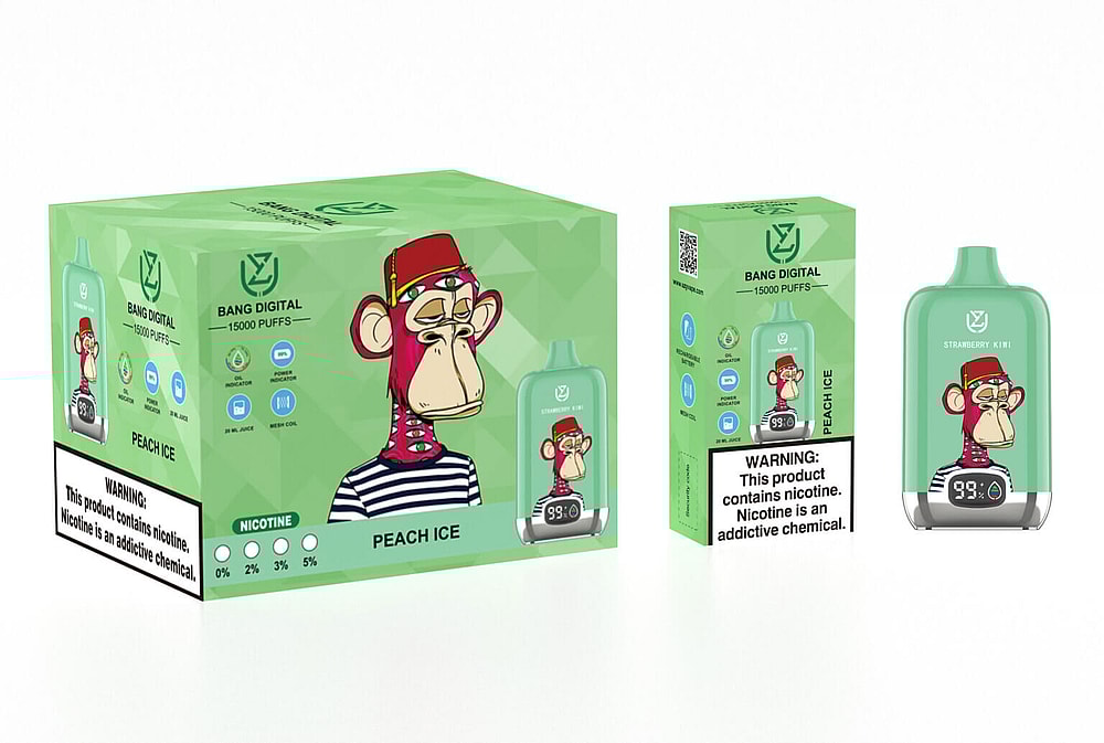 Confezione della sigaretta elettronica monouso Bang Digital da 15.000 boccate, raffigurante una scimmia dei cartoni animati sulla scatola e sulla sigaretta elettronica, con etichetta "Peach Ice" e livelli di nicotina che vanno da 0% a 5%.