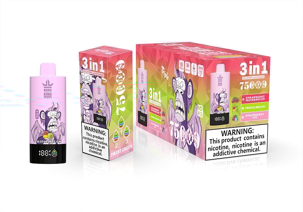 A Brightly Colored Packaging Box For The Bang King Vaping Product, Featuring A Graphic Of A Cartoon Monkey And Labeled With Flavors Like Strawberry Watermelon, Triple Melon, And Strawberry Ice, Alongside A Warning About Nicotine Addiction And Product Details.