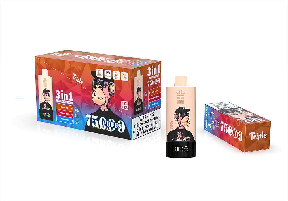 A Box Of 'Bang King' Vape Products Featuring A Cartoon Monkey Logo, Displaying '3 In 1' Flavors Including Cola Ice, Cherry Cola, And Mr. Blue, With A Warning Label About Nicotine On The Packaging.