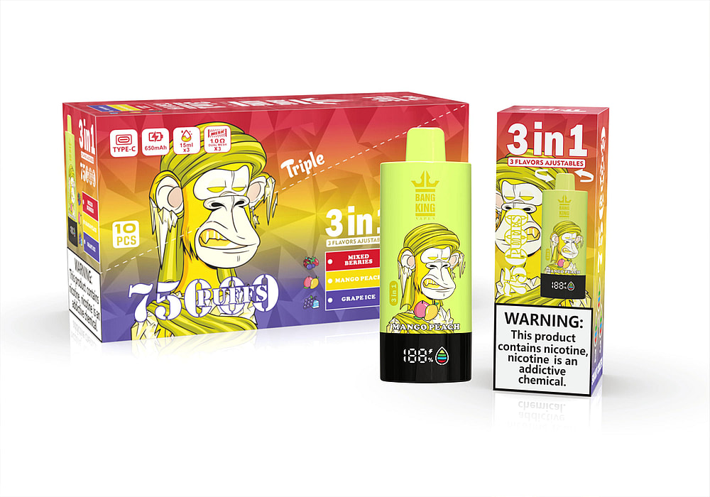 A Brightly Colored Vape Product Packaging Featuring A Cartoon Monkey Design, Showcasing A 3-In-1 Disposable Vape With Mixed Berries, Mango Peach, And Grape Ice Flavors, Along With A Warning Label About Nicotine Addiction.
