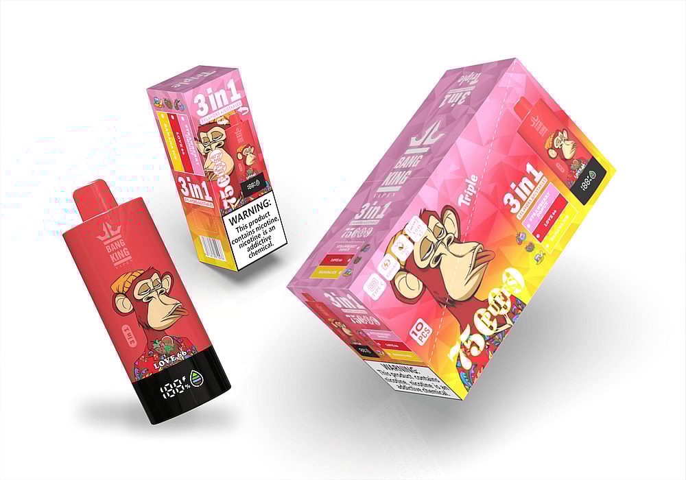 A Vibrant Packaging Display For Bang King Vape Products, Featuring A Cartoon Monkey Character, With A Red Vape Pen Alongside A Colorful Box Labeled '3 In 1' And Warning Text About Nicotine Content.