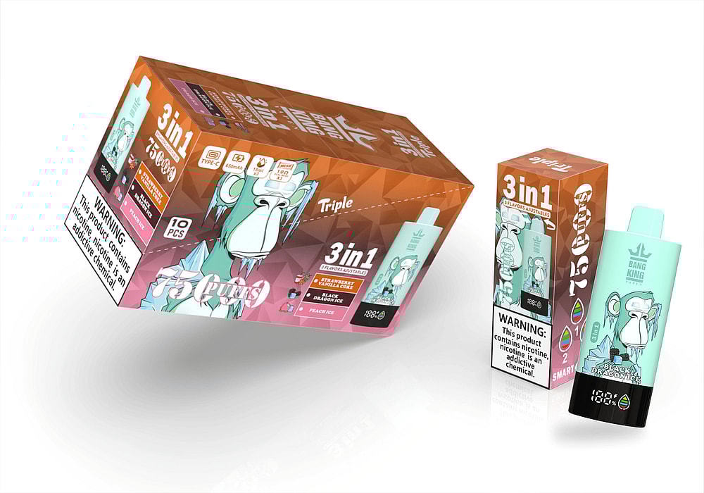 A Package Labeled '75 Puffs' Featuring A Cartoon Monkey And Three Flavors: Strawberry Vanilla Ice, Black Dragon Ice, And Peach Ice, Alongside A Handheld Device With A Mint Green Top And A Display Screen, Set Against A Bright, Colorful Background.
