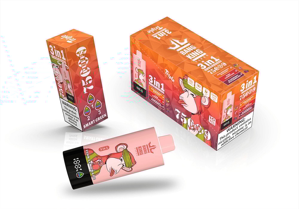 A Package Of Bang King 3-In-1 Vape Pods With A Cartoon Monkey Graphic On The Box, Featuring A Pink Lemonade Flavor, Accompanied By One Of The Pods Showing A Pink Top And A Black Base, On A White Background.