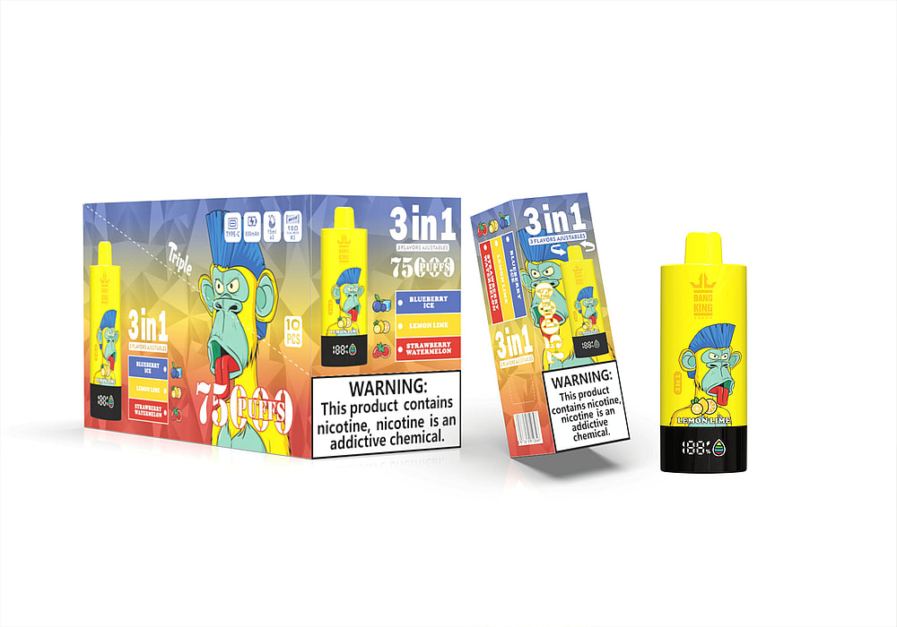 A Brightly Designed Packaging For Disposable Vape Products Featuring A Cartoon Monkey Character, Displaying The Flavors 'Blueberry Ice', 'Lemon Lime', And 'Strawberry Watermelon', With A Warning About Nicotine Addiction On The Front.