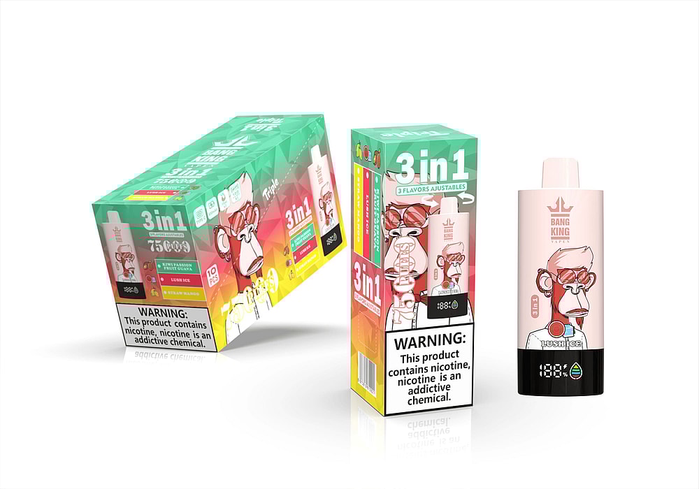 A Colorful Packaging Box For A 3-In-1 Vape Product Featuring A Cartoon Monkey Character; The Box Displays Various Flavors Including 'Kiwi Passionfruit Guava' And 'Lush Ice', With A Warning Label About Nicotine Being An Addictive Chemical.