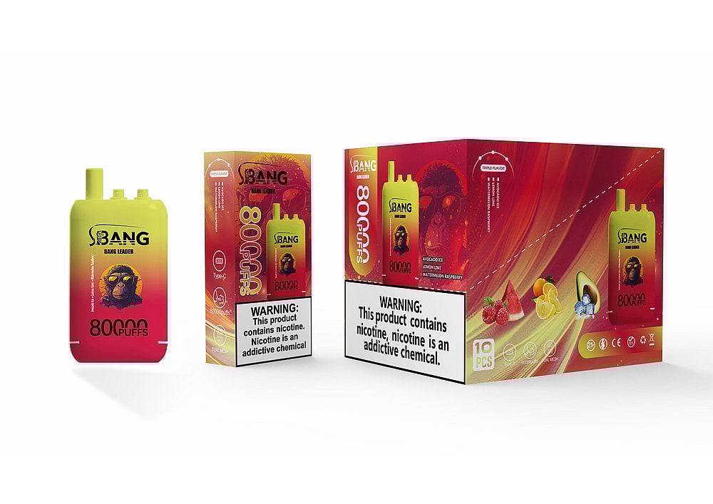 A Yellow Disposable Vape Device Marked 'Bang' Is Shown Next To A Brightly Colored Packaging Box, Displaying Text Indicating It Provides 80,000 Puffs And Flavor Options Like Avocado Ice, Lemon Lime, And Watermelon Raspberry; A Warning Label About Nicotine Is Prominently Featured.