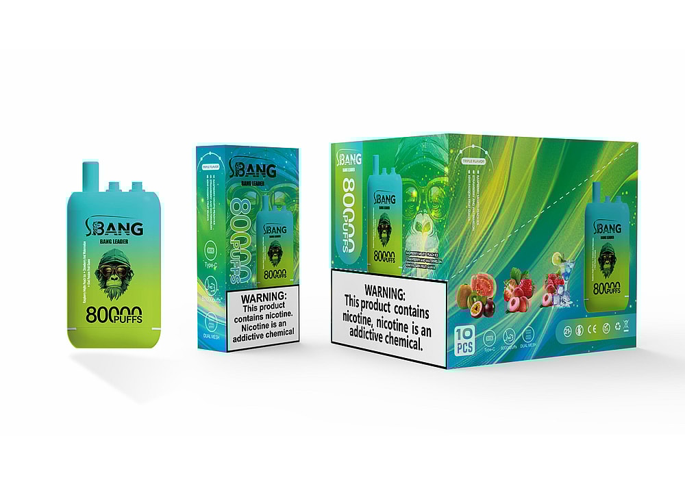 A Brightly Colored Packaging Design For The Sbang Vape Product Featuring A Prominent Vape Device Labeled &Quot;80000 Puffs&Quot; Alongside A Box Showing Multiple Devices, With Vibrant Green And Blue Hues And Various Fruit Illustrations, Alongside Warning Labels About Nicotine.