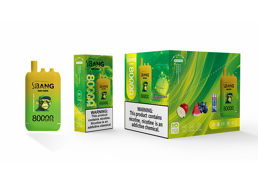 A Vibrant Yellow And Green Vape Product With The Label 'Bang Leader 80000 Puffs' Prominently Displayed, Next To A Colorful Box Showing The Same Design, Both Featuring Fruit Illustrations And A Warning About Nicotine Addiction.