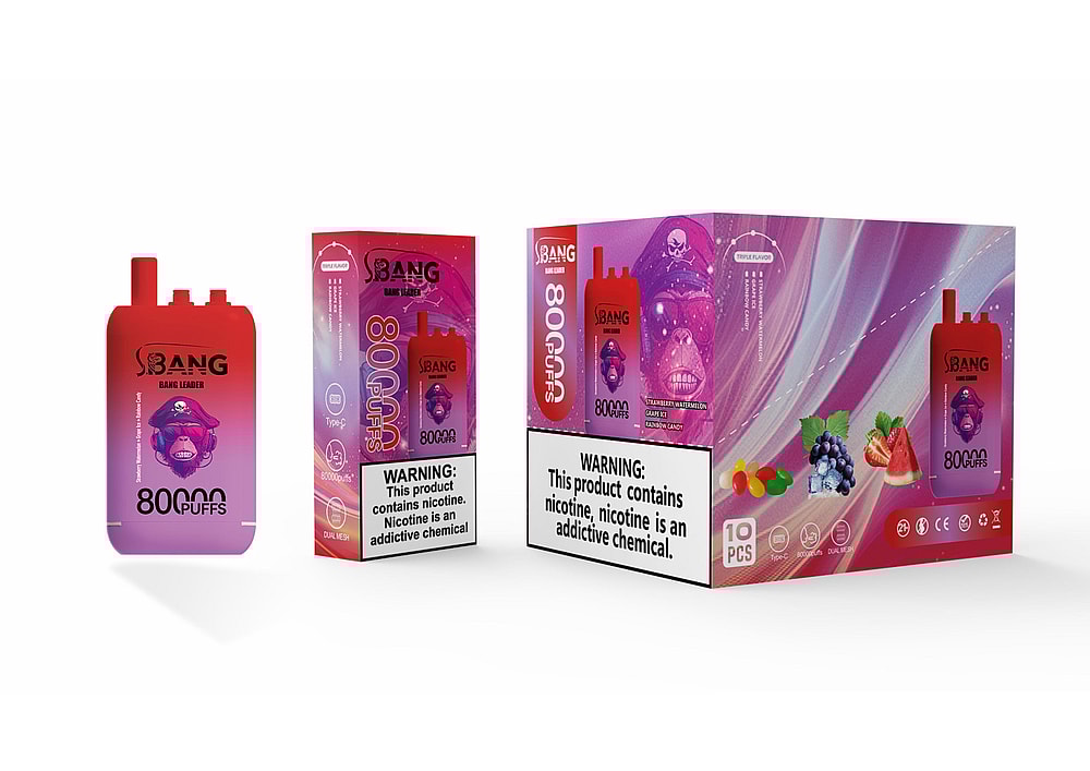 A Red Vape Device Labeled 'Bang' Featuring A Skull Graphic, Positioned Next To Its Colorful Box That Highlights Flavors Such As 'Strawberry Watermelon' And 'Candy Cane,' Along With A Warning About Nicotine Addiction.