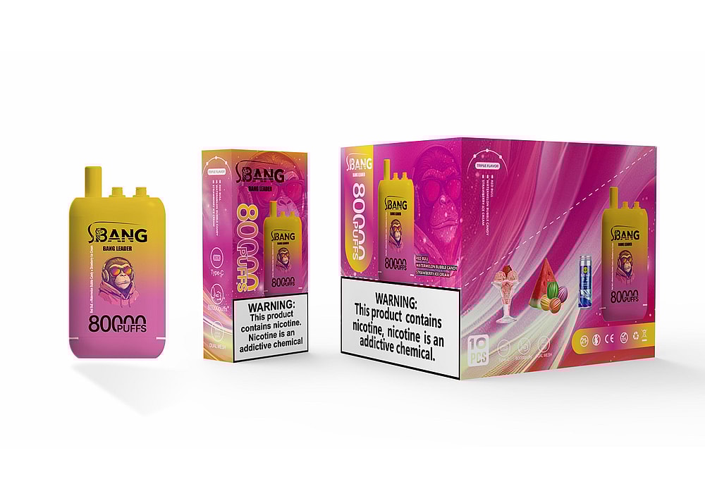 An Arrangement Of Bang Vaping Products Featuring A Yellow Vape Device Labeled With '80,000 Puffs' Alongside Colorful Packaging With A Warning Notice About Nicotine, And Images Of Various Flavors Like Cotton Candy, Strawberry Ice Cream, And Watermelon.