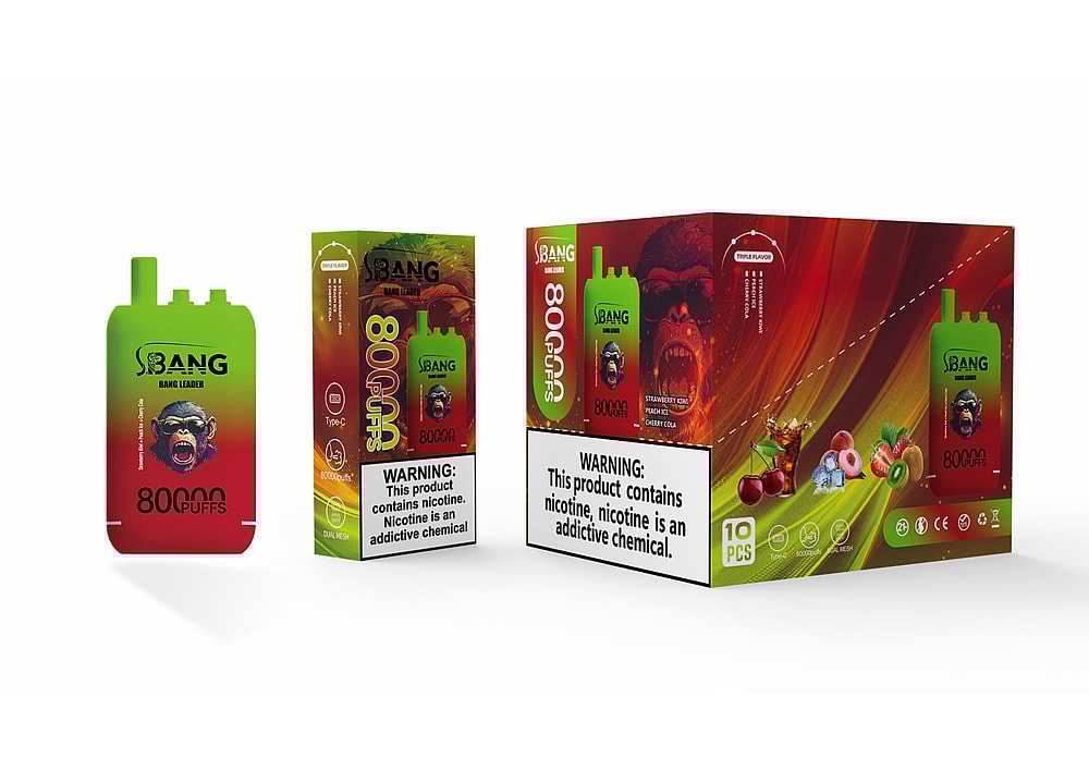 A Bright Green E-Cigarette Device Labeled 'Bang' With A Colorful Packaging Box Featuring Images Of Various Fruit Flavors And A Warning About Nicotine, Indicating It Provides 80,000 Puffs.