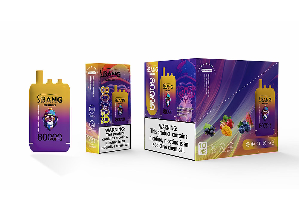 A Yellow Vaping Device Labeled 'Bang' With '80000 Puffs' Next To Its Packaging, Which Features Vibrant Graphics Including A Monkey Wearing Glasses And Various Fruits, Alongside A Prominent Warning About Nicotine Addiction.