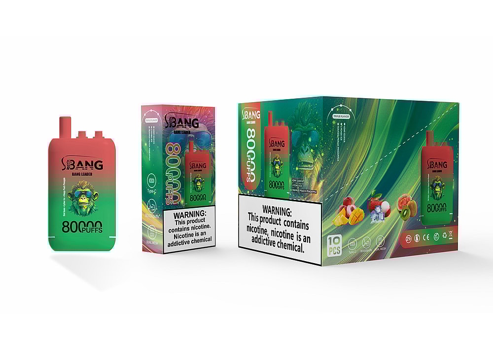 A Colorful Packaging Design For A Vape Product Featuring A Red Device Labeled 'Bang' With A Green Lion Graphic, Accompanied By A Box Displaying '80000 Puffs' And Assorted Fruit Illustrations, Along With A Nicotine Warning On The Front.