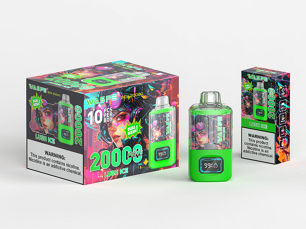 Una scatola dai colori vivaci e un dispositivo per svapare con marchio "Wasp", con accenti verde neon, capacità di 2000 puff e aroma "Lush Ice". La confezione include un avviso ben visibile sulla nicotina.