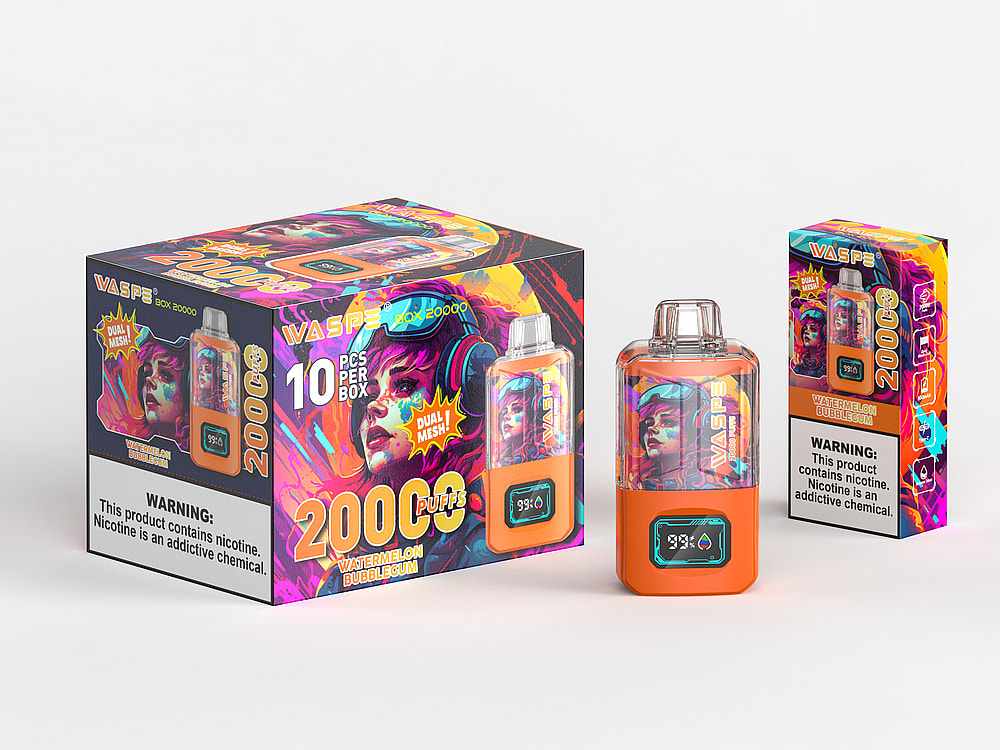 Confezione e dispositivo per svapare "WASP 20000" al gusto di chewing gum all'anguria, caratterizzato da una grafica vivace e colorata e un display digitale sul dispositivo.