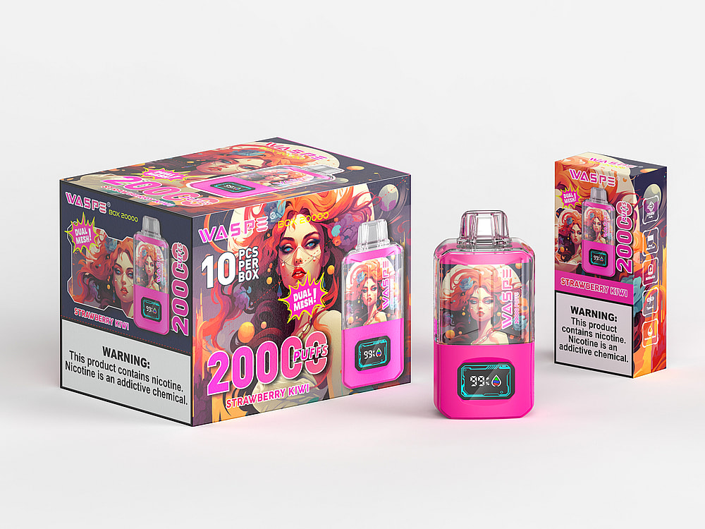 Confezione colorata e dispositivo per svapare con vivace illustrazione di una donna con fluenti capelli rossi, etichettata "WASPE BOX 20000" e "2000 puffs" in testo rosa con aroma di fragola e kiwi. L'etichetta di avvertenza sul lato indica la presenza di nicotina.