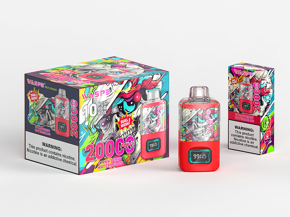 Confezione e immagine del prodotto di una sigaretta elettronica monouso a marchio WASP con grafica colorata, un motivo a teschio e aroma "Strawberry Watermelon". La confezione mostra "2000 Puffs", "Dual Mesh" e un'etichetta di avvertenza sulla nicotina.