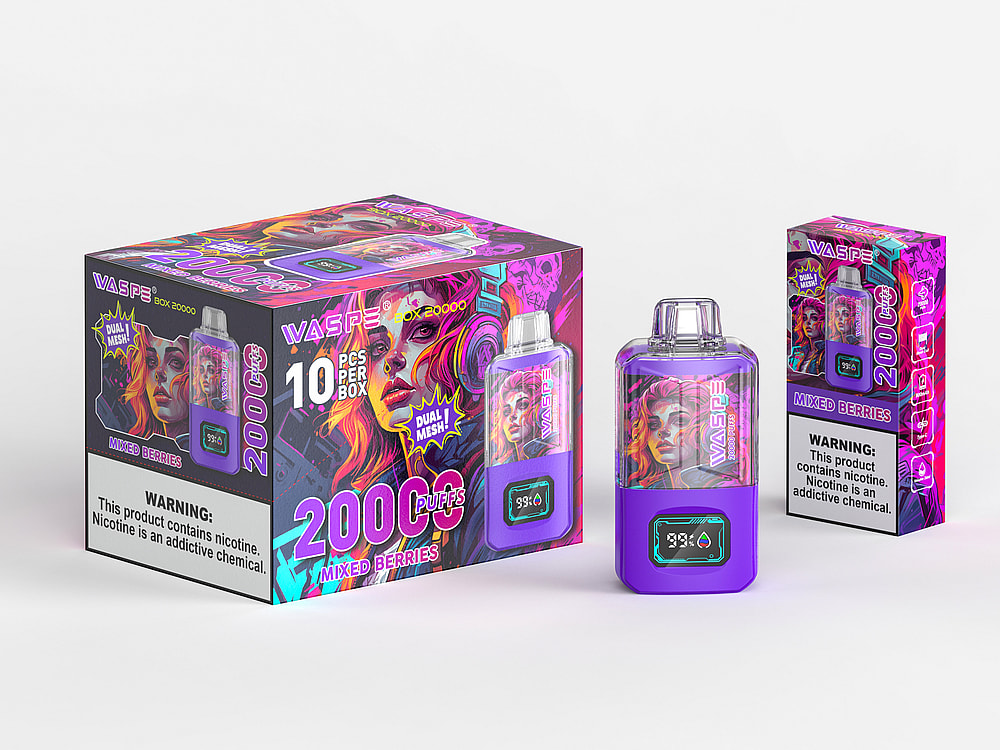 Confezione e dispositivo per svapare viola etichettato "WASPE Box 20000" con doppie bobine a maglie, aroma di frutti di bosco misti e 20000 tiri. La scatola include un avviso sulla nicotina.