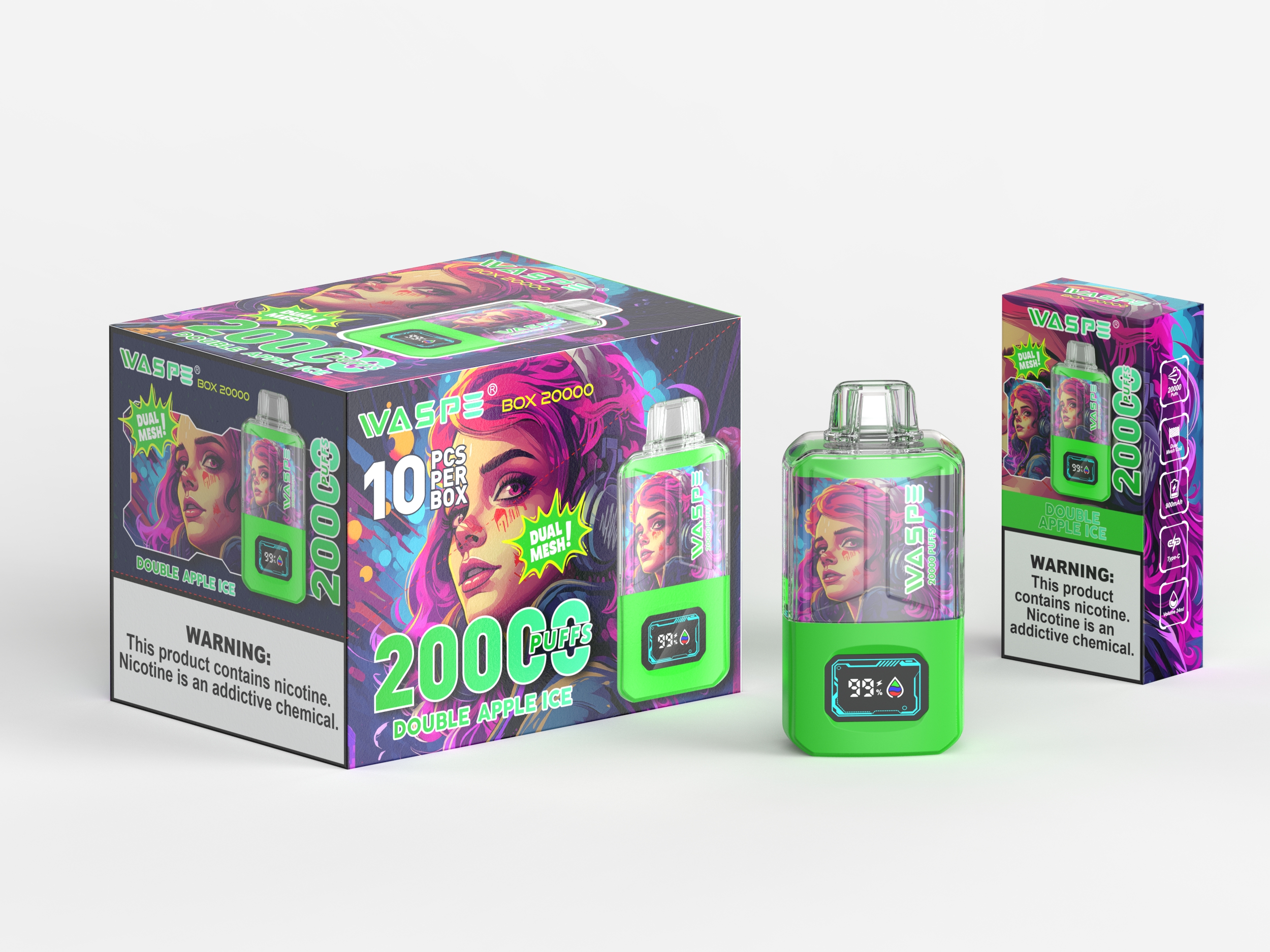 Una scatola e due confezioni di sigarette elettroniche usa e getta WASP 20000 al gusto "Double Apple Ice", caratterizzate da un dispositivo di svapo verde neon con display digitale e un'illustrazione stilizzata di una donna con i capelli rosa.