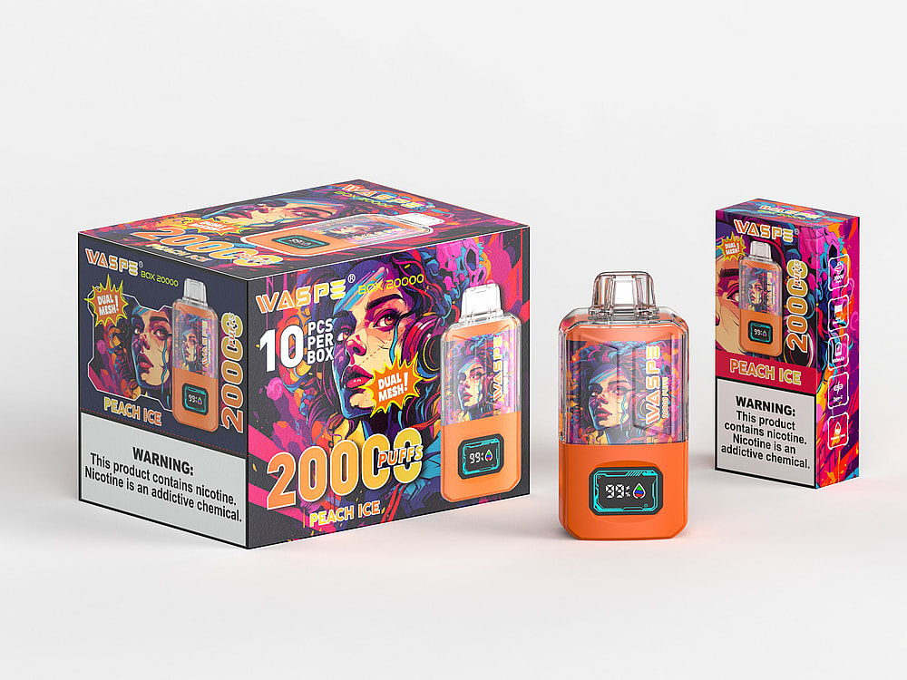 Una confezione per svapo dai colori vivaci con display digitale, etichettata "WASP" e "Peach Ice", con un avviso sulla dipendenza da nicotina. La scatola evidenzia "2000 puff", "10 pezzi per scatola" e la tecnologia "Dual I Mesh".