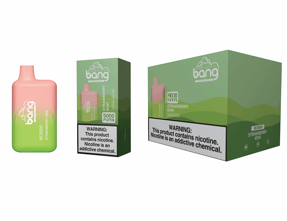 Vape descartável Bang BC5000 sabor morango e kiwi, com embalagem, 5.000 tragadas e rótulo de advertência de nicotina.