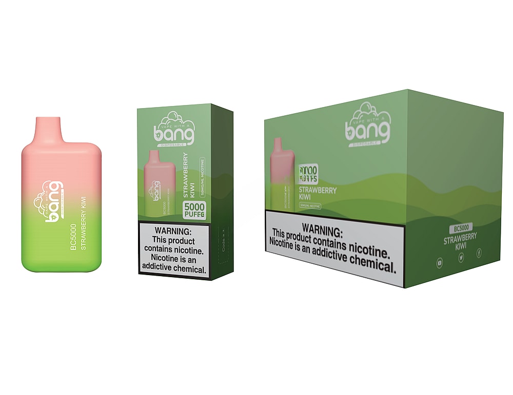 Sigaretta elettronica usa e getta Bang BC5000 al gusto di fragola e kiwi, con confezione contenente 5000 boccate e un'etichetta di avvertenza sulla nicotina.