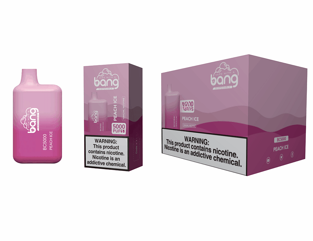 Vape descartável Bang BC5000 sabor Peach Ice com embalagem que destaca 5.000 tragadas e um aviso de nicotina dizendo "Este produto contém nicotina. A nicotina é uma substância química viciante".